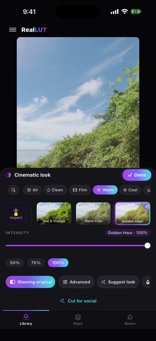 RealLUT editor with the original comparison active, showing the clip before the look